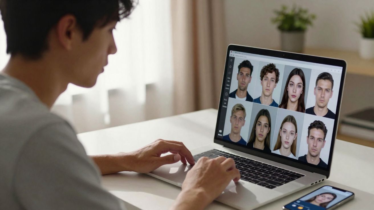 Pessoa a usar portátil com imagens de várias caras na tela e smartphone com videochamada numa mesa branca.