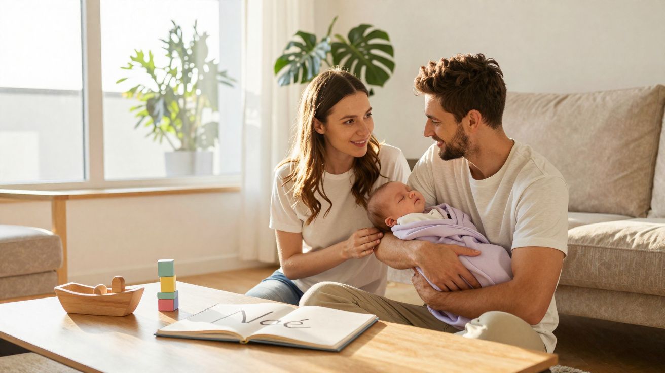 Casal jovem sentado no chão da sala com recém-nascido nos braços, sorrindo e olhando-se afetuosamente.