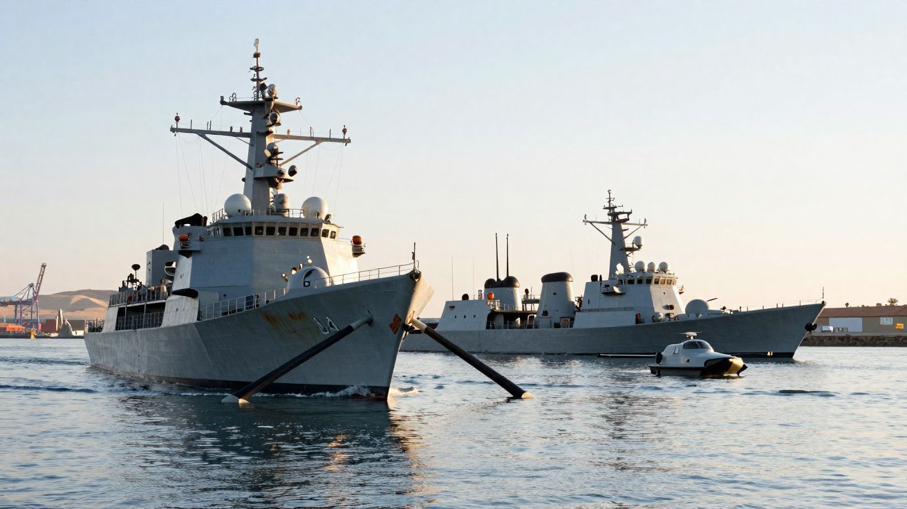 Dois navios militares cinzentos ancorados em águas calmas ao pôr do sol com pequeno barco ao lado.