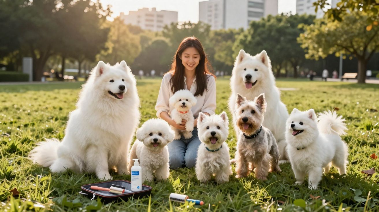Jovem sentada num parque rodeada por sete cães de raças pequenas e médias, em dia ensolarado.
