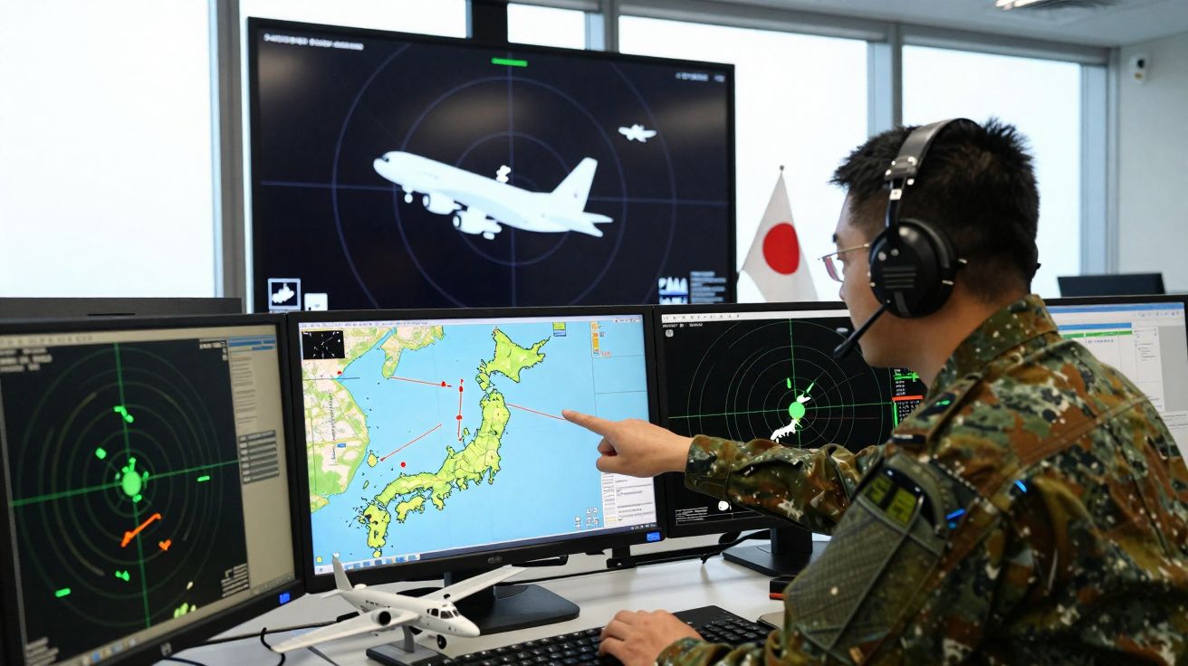 Militar japonês monitoriza radares e mapas de voo numa sala de controlo com vários ecrãs.