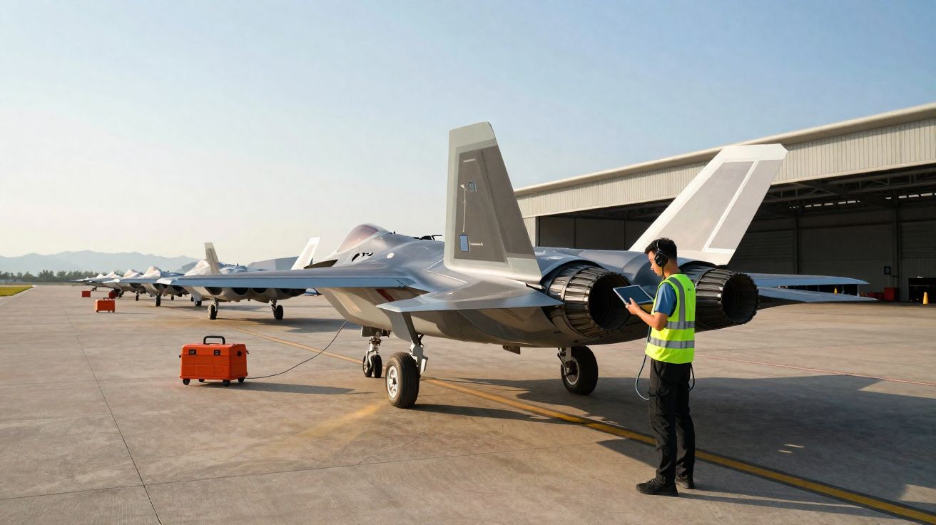 Caça furtivo estacionado na pista com técnico em colete reflector a verificar equipamento.
