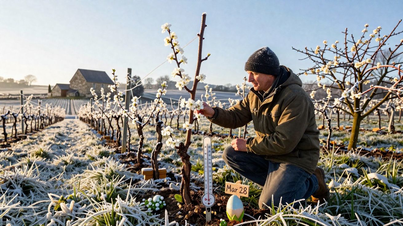 Homem de gorro e casaco examina flores em vinha coberta de geada num dia ensolarado de inverno.