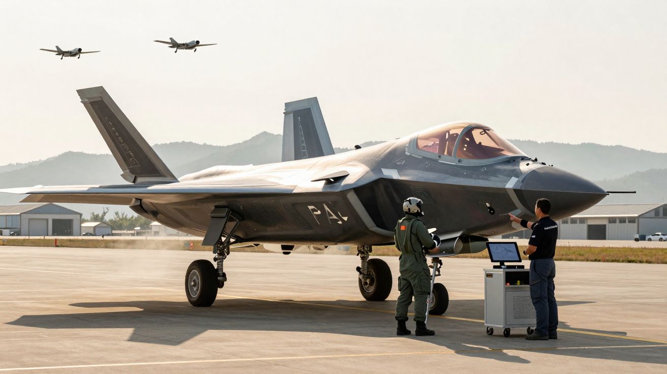 Caça furtivo estacionado com dois técnicos no solo e dois aviões a voar ao fundo.