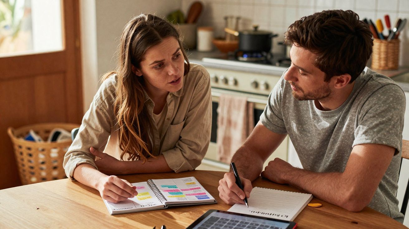 Casal sentado à mesa da cozinha a discutir e fazer anotações num caderno e agenda.