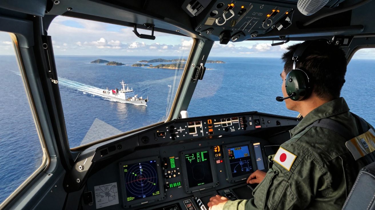 Vista do cockpit de um avião militar sobrevoando o mar com um navio e ilhas ao fundo.