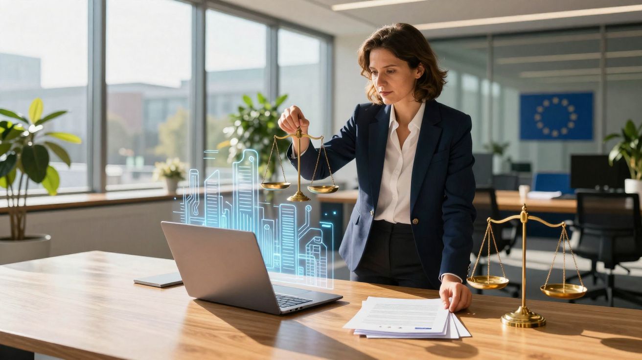 Mulher de negócios numa sala moderna segurando balança dourada diante de portátil com gráficos digitais.