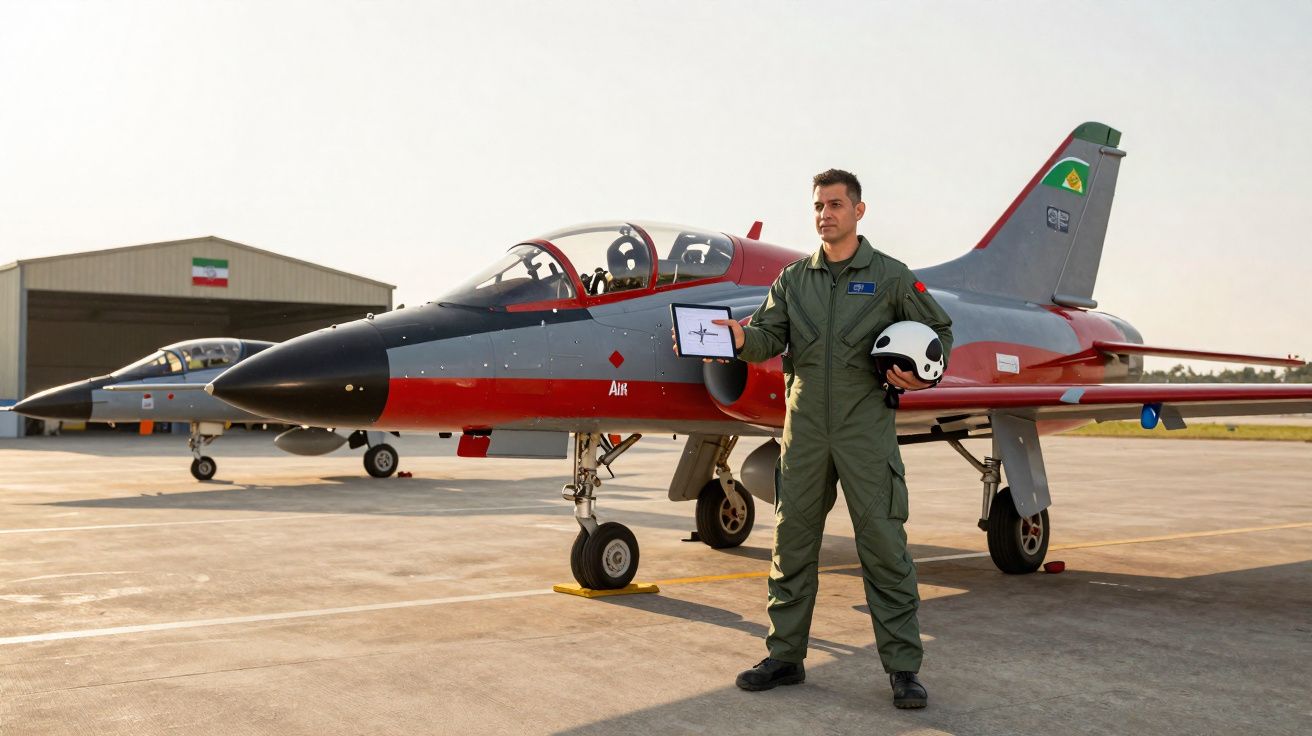 Piloto em fato de voo verde junto a avião de treino militar vermelho e cinzento numa pista de aviação ao pôr do sol.