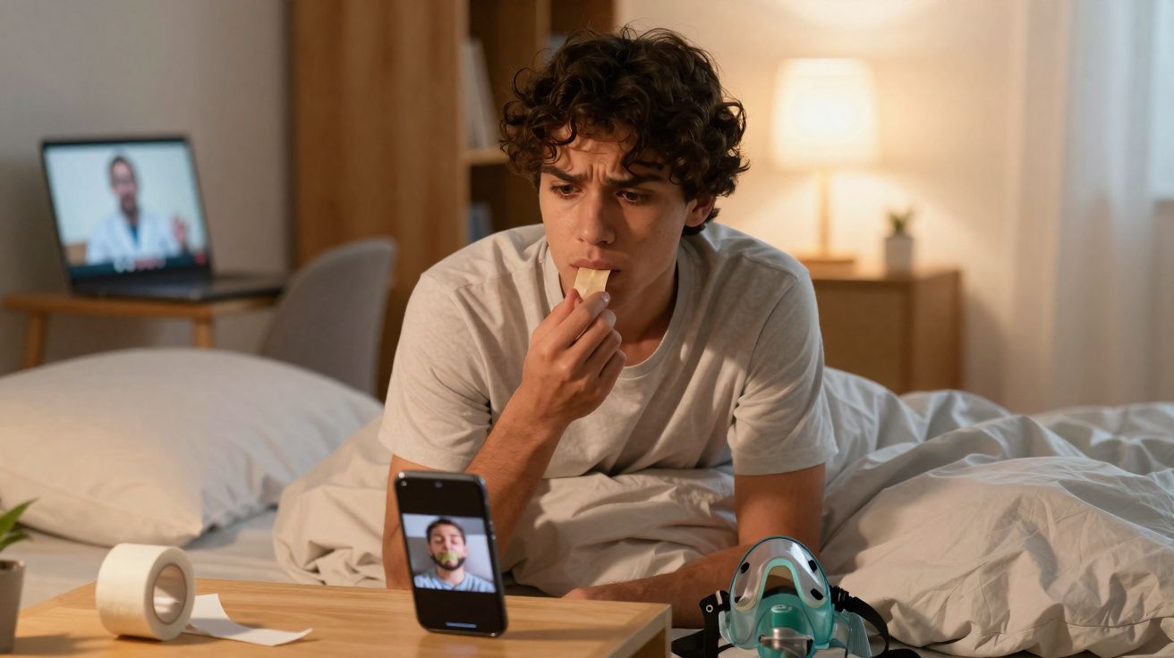 Jovem deitado na cama a fazer videochamada no telemóvel, com máscara de oxigénio ao lado e expressão preocupada.