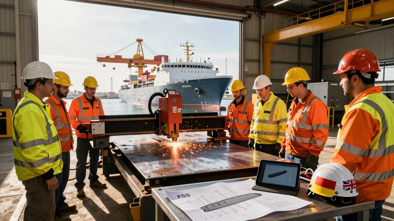 Operários com capacetes e coletes observam máquina a cortar chapa metálica num estaleiro com navio ao fundo.
