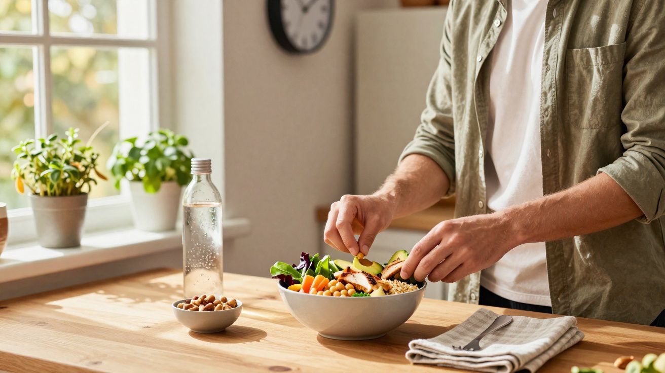 Pessoa a preparar uma salada saudável com vegetais e grão-de-bico numa cozinha iluminada.