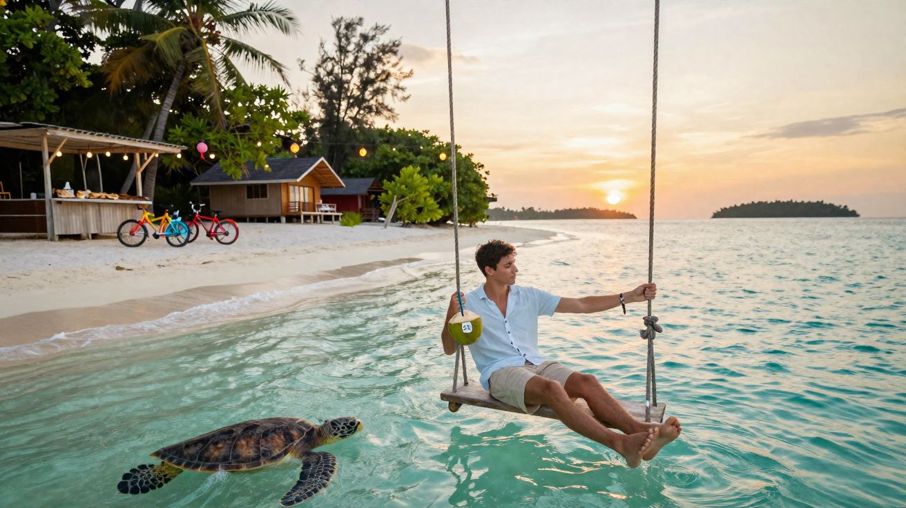 Homem num baloiço sobre água cristalina, com tartaruga marinha e pôr do sol na praia ao fundo.