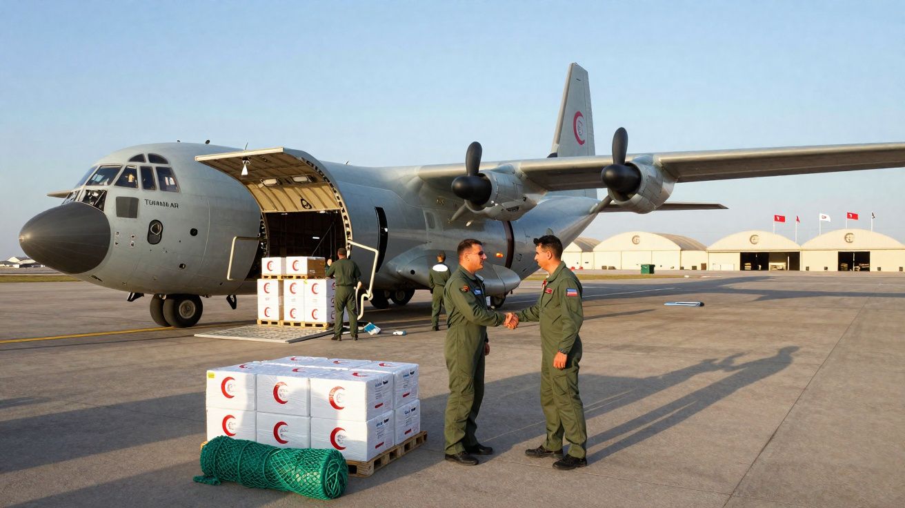 Dois militares apertam as mãos junto a caixas de ajuda humanitária, com avião de carga militar e pista ao fundo.