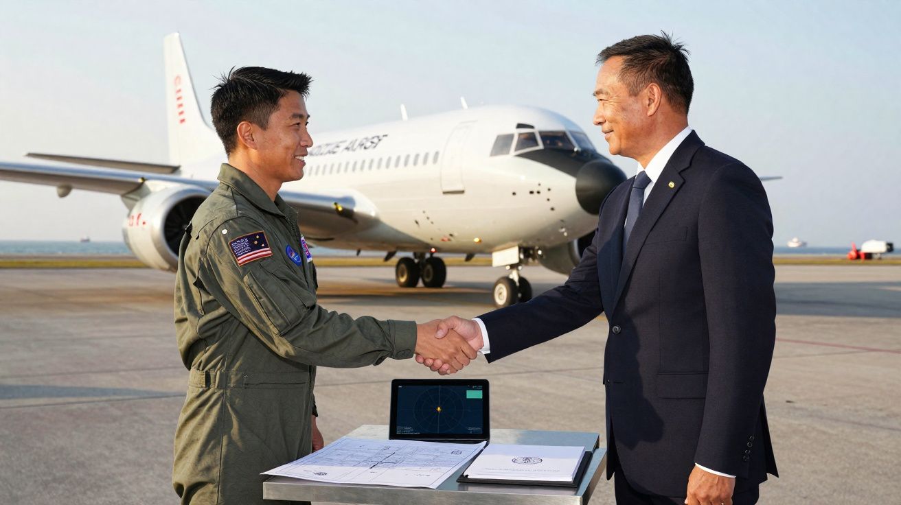 Dois homens a cumprimentarem-se com aperto de mão em frente a um avião num aeroporto, sobrevoos e documentos na mesa.