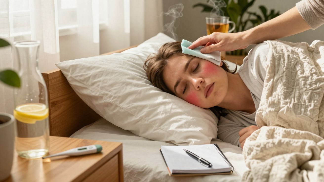 Pessoa deitada na cama com rosto vermelho, a ser cuidada com compressa morna na testa.