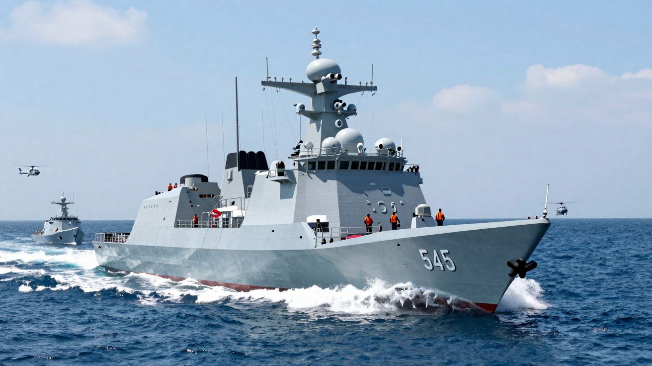 Fragata militar cinzenta com o número 545 navegando no mar com mar azul e céu limpo.