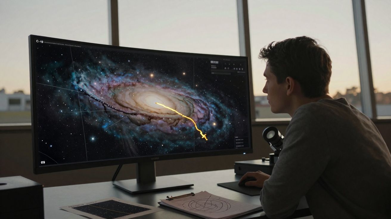 Homem observa monitor ultrawide com imagem digital da galáxia e trajectória traçada em escritório.