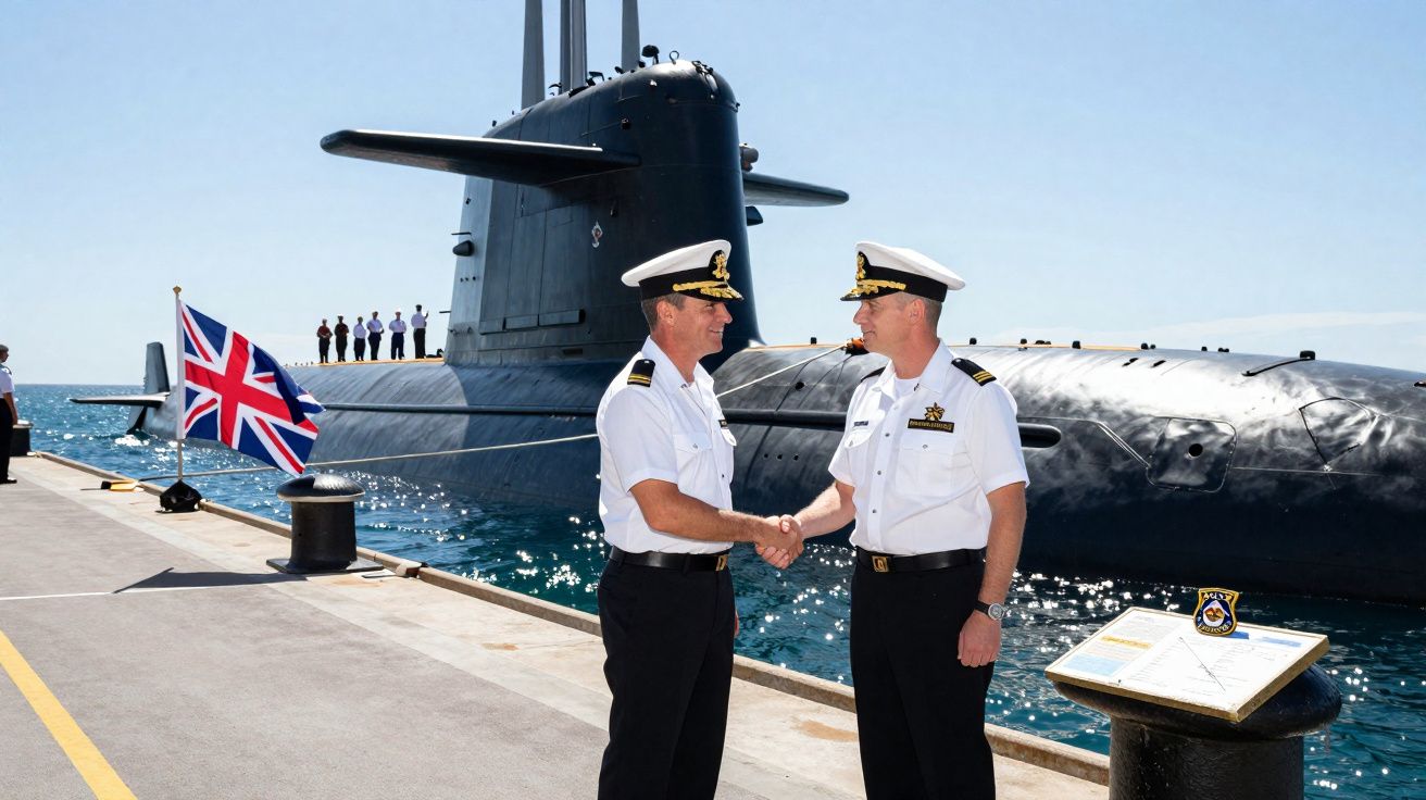 Dois oficiais navais apertam as mãos no cais ao lado de um submarino britânico ancorado no mar.