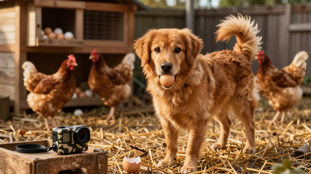 Cão castanho segura um ovo na boca numa quinta com galinhas e casca de ovo no chão.