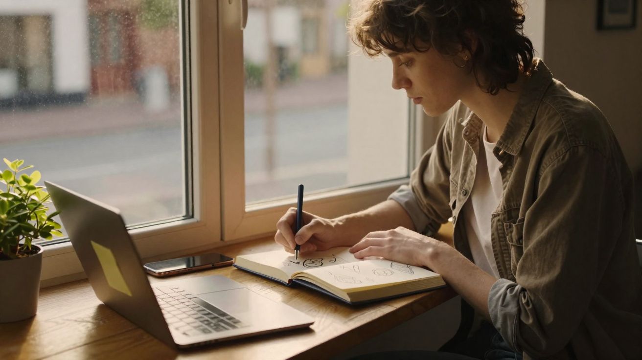 Jovem concentrado a desenhar num caderno junto à janela, com computador e planta numa mesa de madeira.