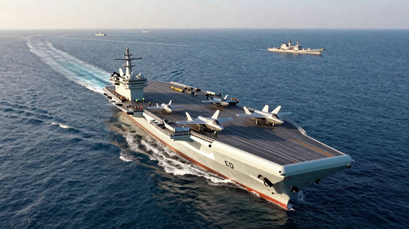 Porta-aviões militar com vários jatos na pista, navegando no mar aberto com outros navios ao fundo.