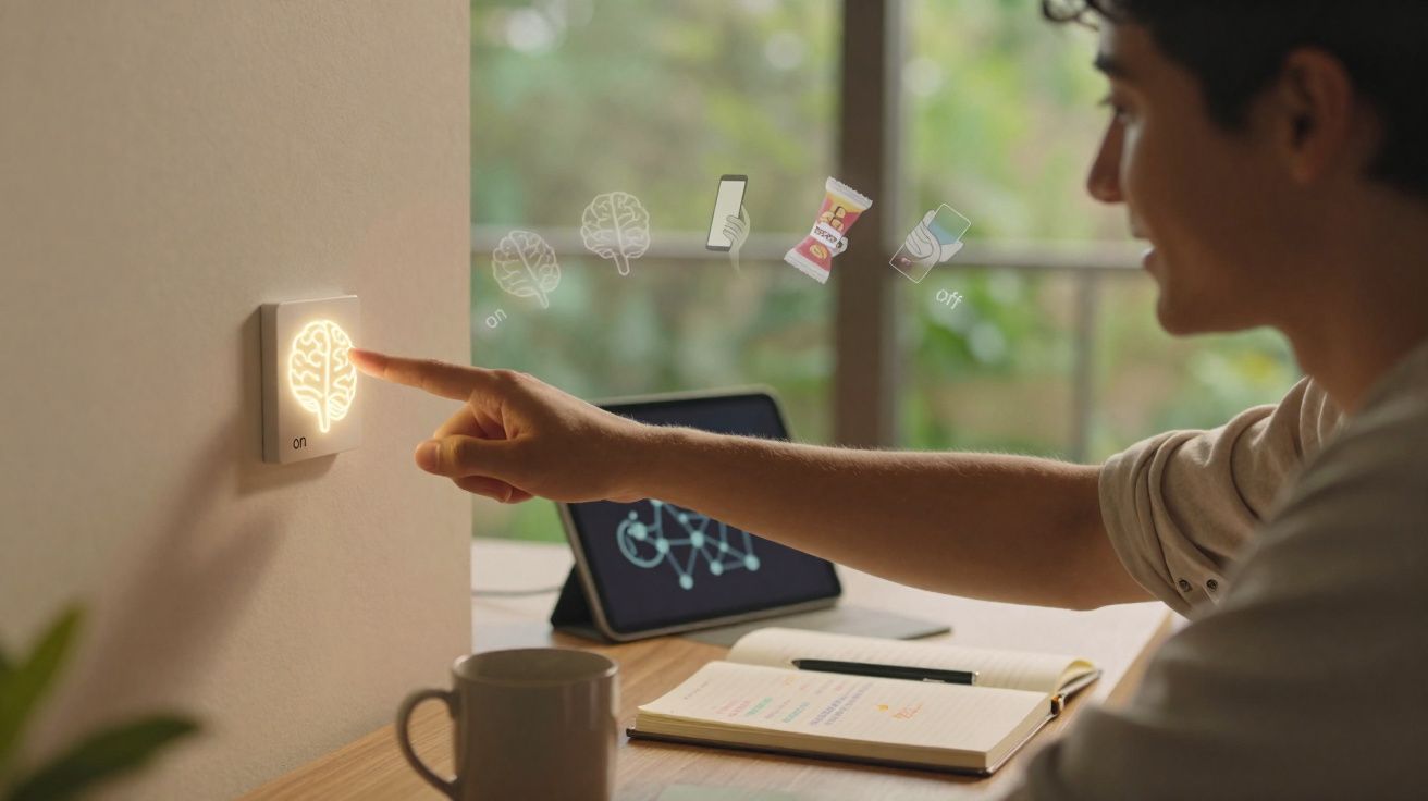 Pessoa ativa botão luminoso de cérebro numa parede com escritório e imagens digitais ao fundo.
