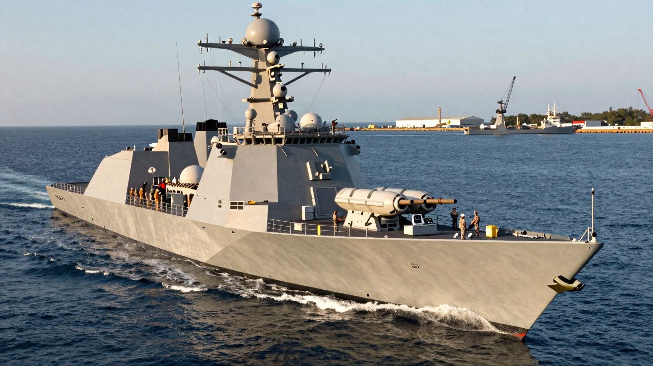 Destróier moderno cinza navegando no mar com tripulação visível e outro navio ao fundo perto da costa.