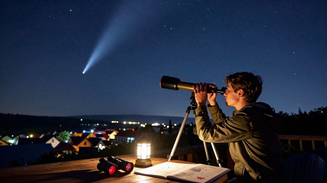 Jovem observa um cometa no céu noturno através de um telescópio numa varanda com vista para uma vila iluminada.