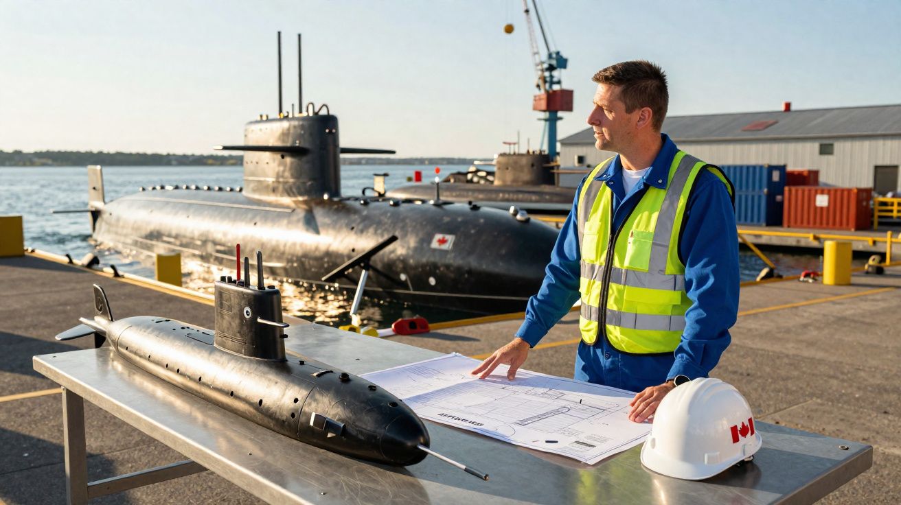 Homem com colete refletor consulta plantas junto a modelo de submarino e submarino real atracado em porto.