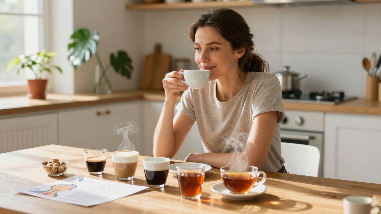 Mulher a saborear uma chávena de café numa mesa com várias bebidas quentes e luz natural.