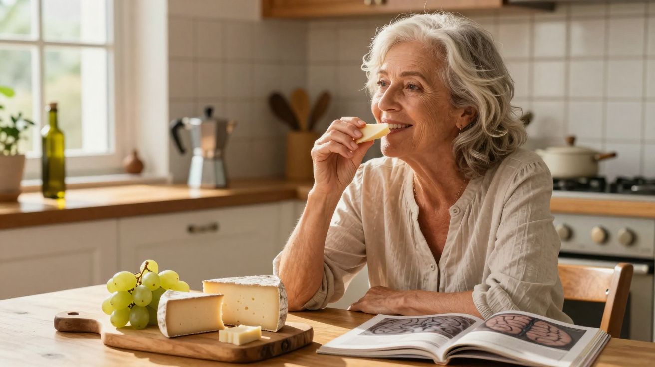 Mulher idosa a saborear queijo na cozinha, com tábua de queijos e livro aberto à sua frente.