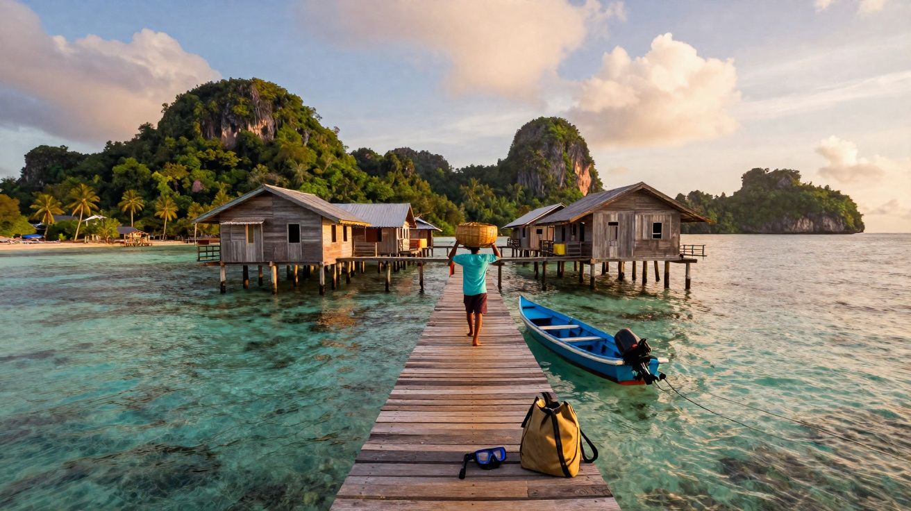 Homem com cesto na cabeça caminha numa passadeira até casas sobre águas cristalinas em ilha tropical.