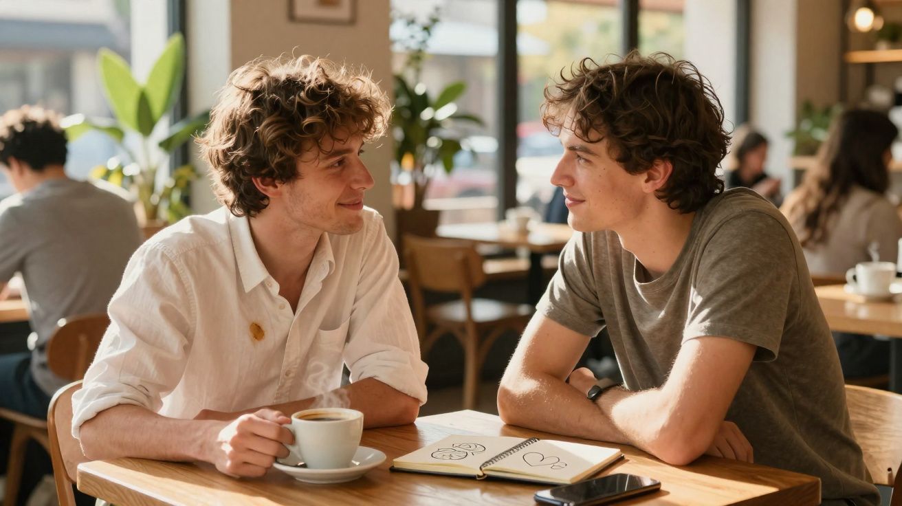 Dois homens conversam numa esplanada, um com chávena de café e um caderno aberto à sua frente.