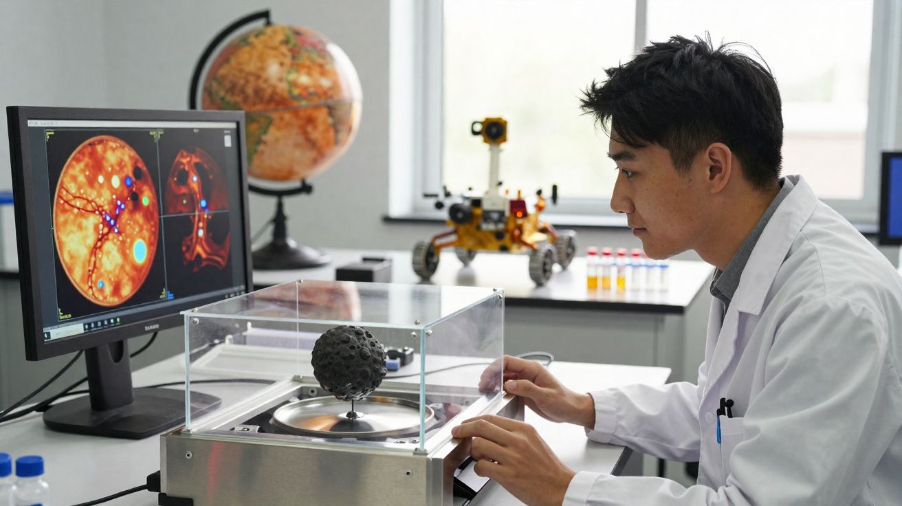 Cientista em laboratório observa modelo de esfera preta enquanto monitoriza imagens de superfície planetária no ecrã.