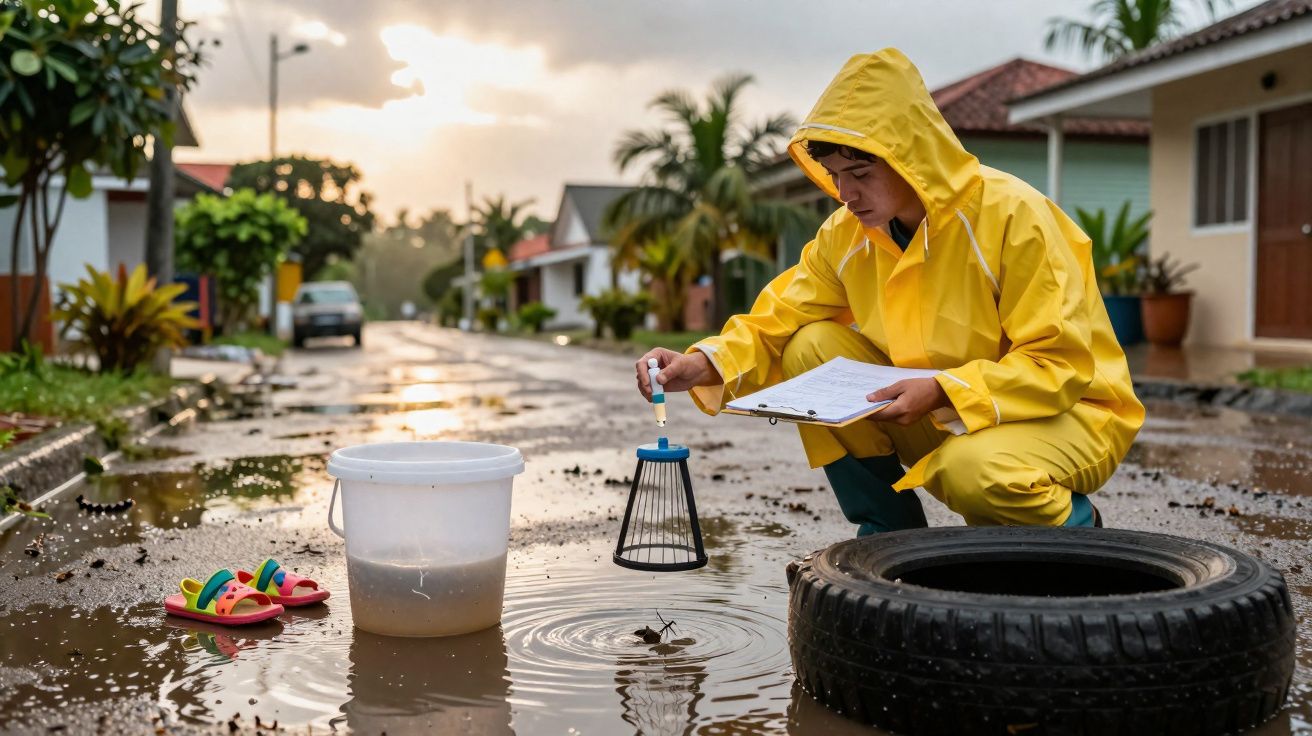 Técnico de saúde em fato amarelo recolhe amostra de água parada numa rua alagada para análise de mosquitos.