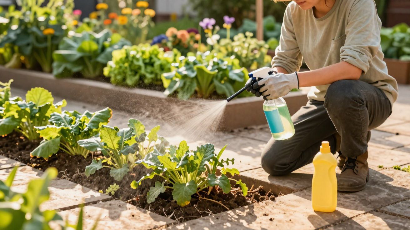 Pessoa a pulverizar plantas verdes num jardim com flores coloridas ao fundo, ao ar livre.