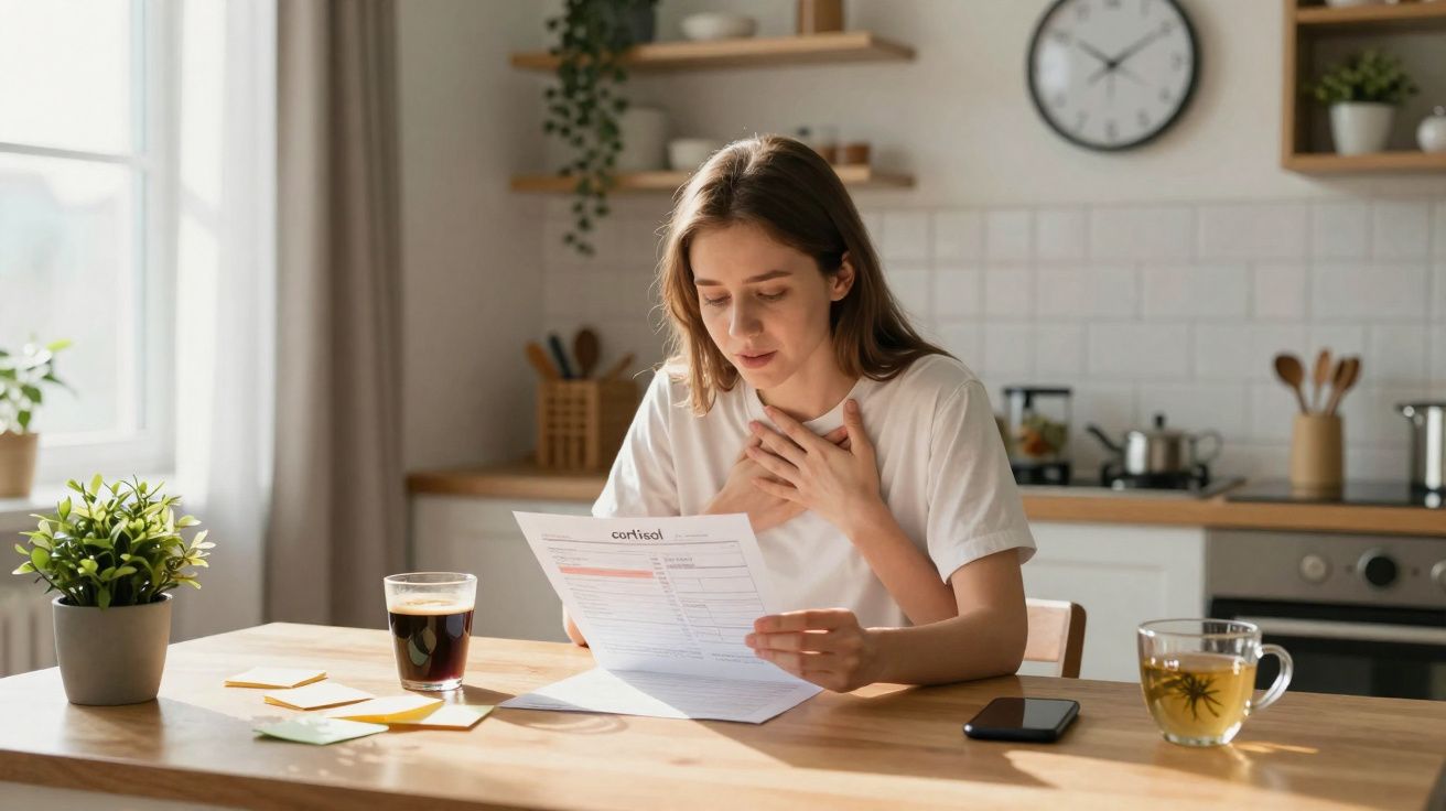 Mulher sentada na cozinha lendo resultado de exame com expressão preocupada e mãos no peito.