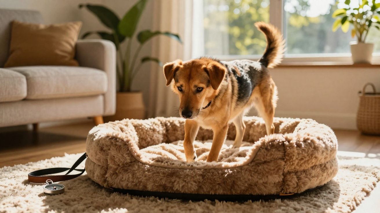 Cão castanho com preto numa cama felpuda num quarto iluminado pelo sol.