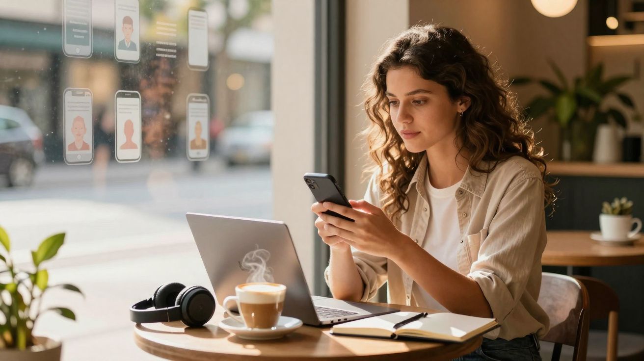 Mulher sentada numa cafetaria a usar smartphone e computador portátil, com uma bebida quente à frente.
