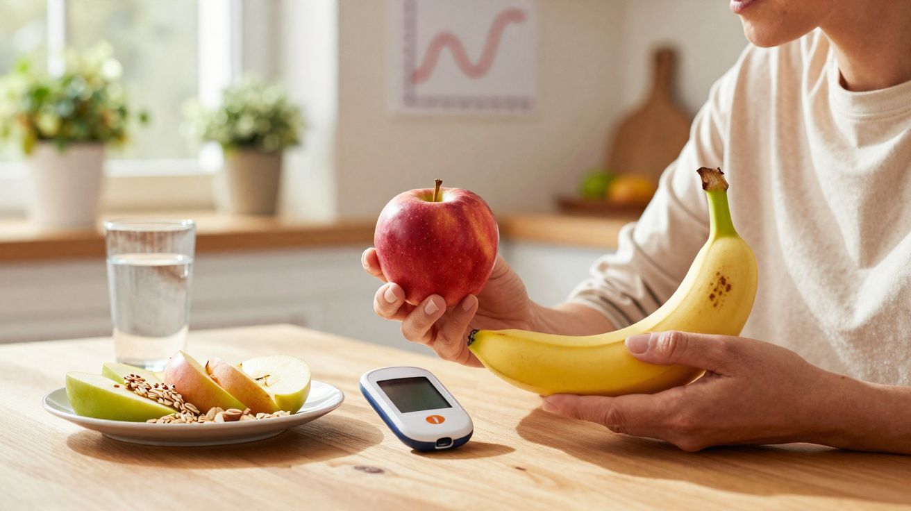 Pessoa segurando maçã e banana junto a medidor de glicose, fruta cortada e copo de água sobre mesa.