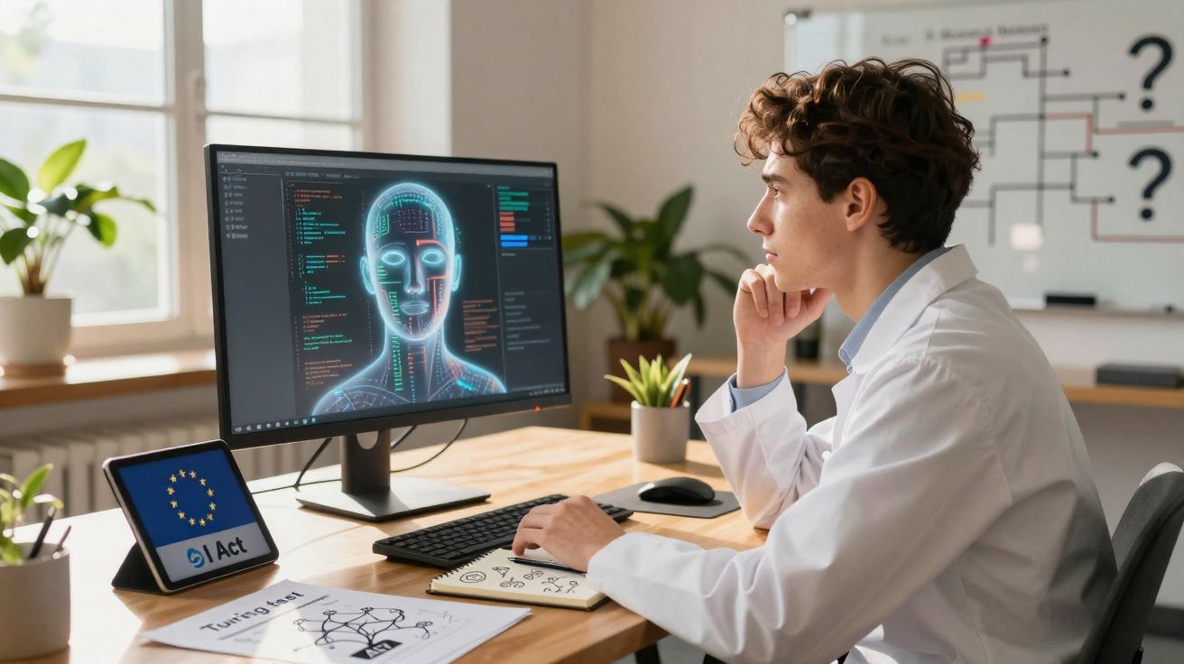 Jovem cientista a analisar imagem digital de rosto humano no computador em ambiente de escritório moderno.