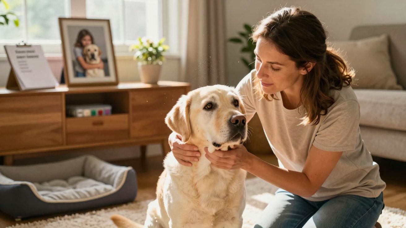 Mulher ajoelhada a acariciar Labrador cor de amarelo dentro de uma sala iluminada.