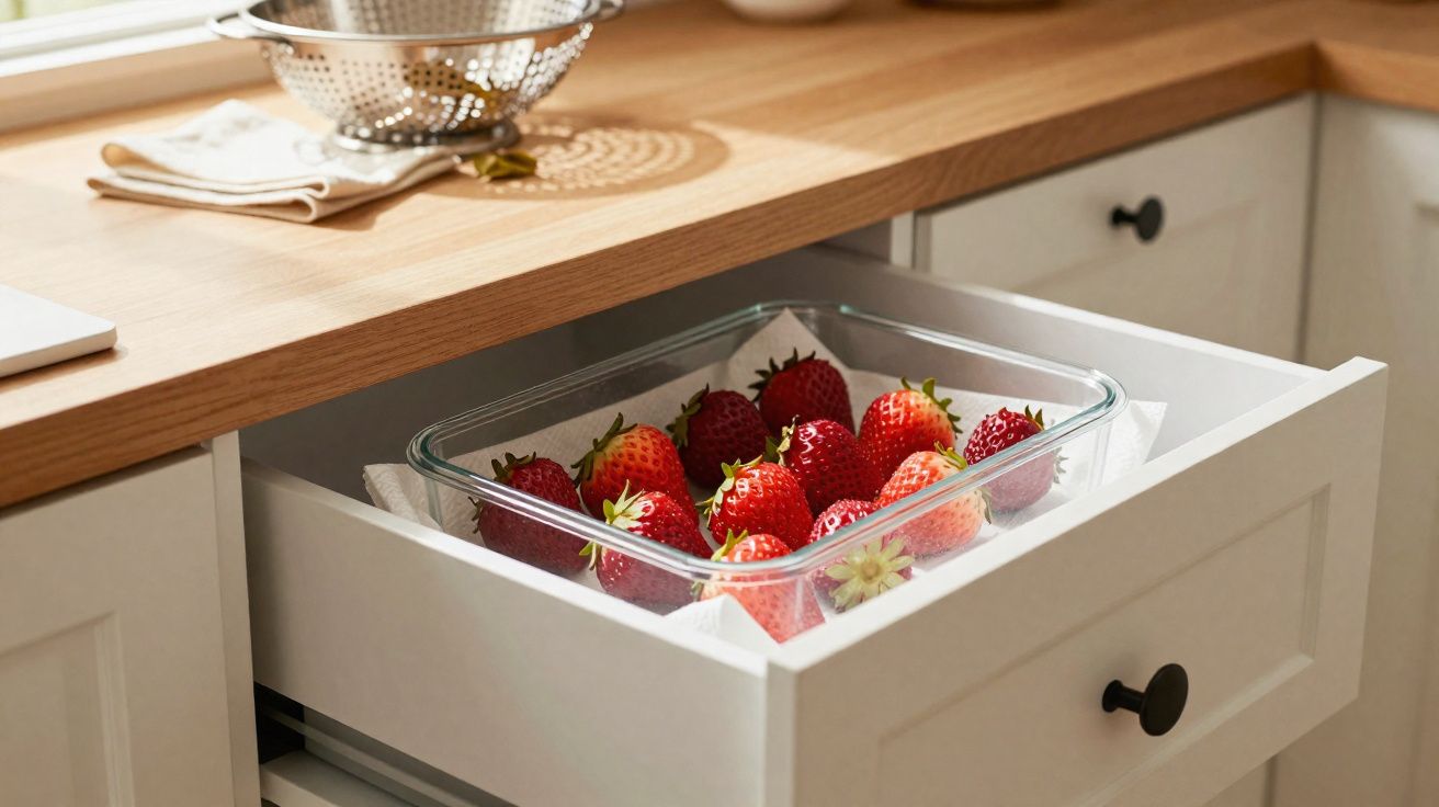Gaveta de cozinha aberta com morangos frescos numa caixa de vidro, em gabinete branco com tampo de madeira.