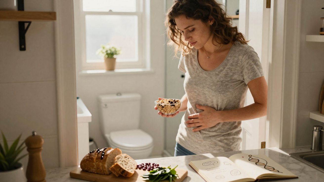 Mulher com expressão de desconforto na cozinha, segurando comida e tocando a barriga.
