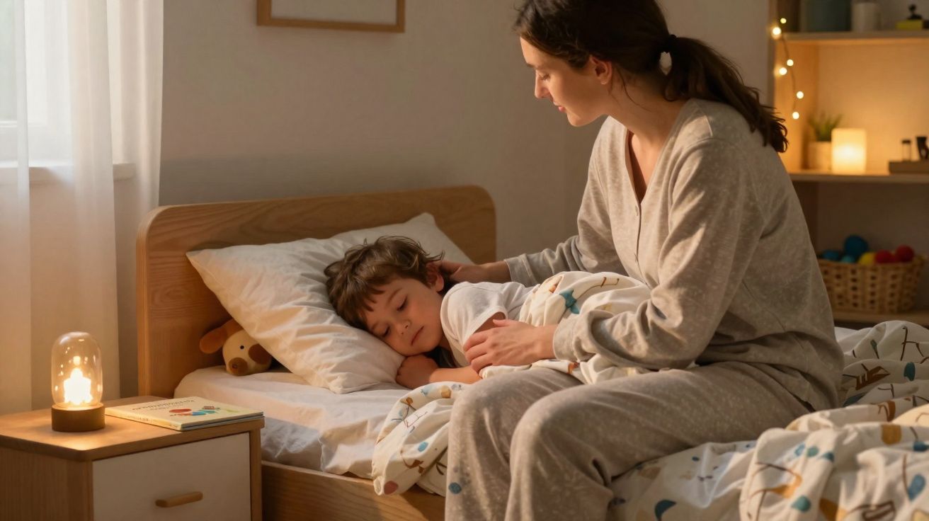 Mãe a cuidar do filho adormecido na cama num quarto acolhedor com luz suave e pijamas cinzentos.