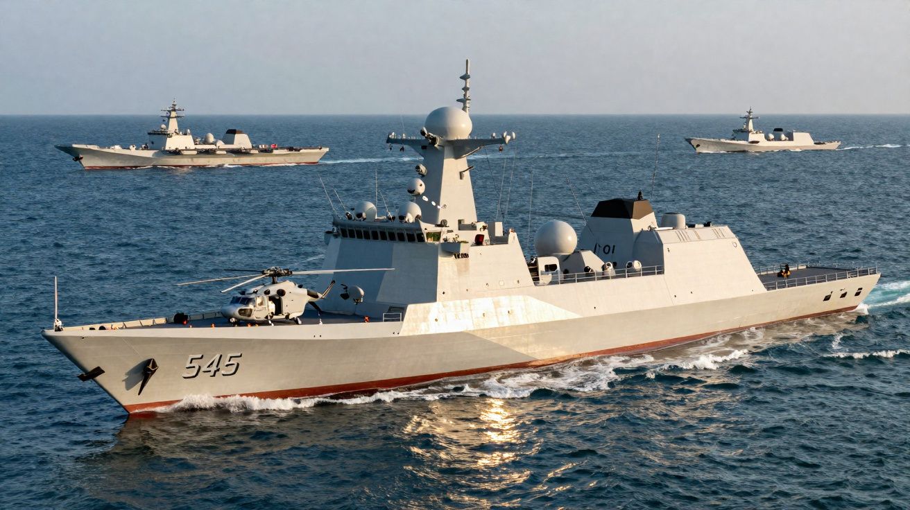 Fragatas militares em formação navegando no mar em dia claro e calmo.