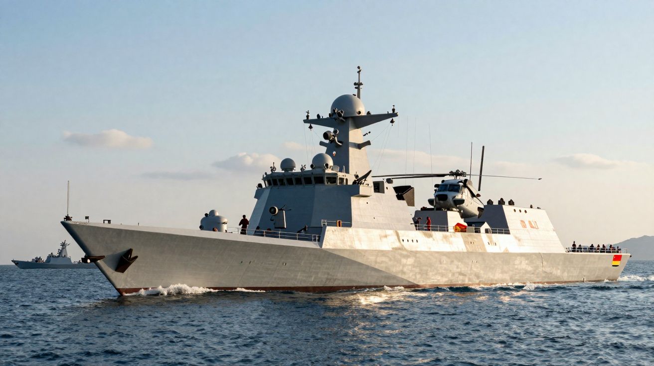 Fragata militar espanhola com helicóptero a bordo navegando no mar calmo ao entardecer.