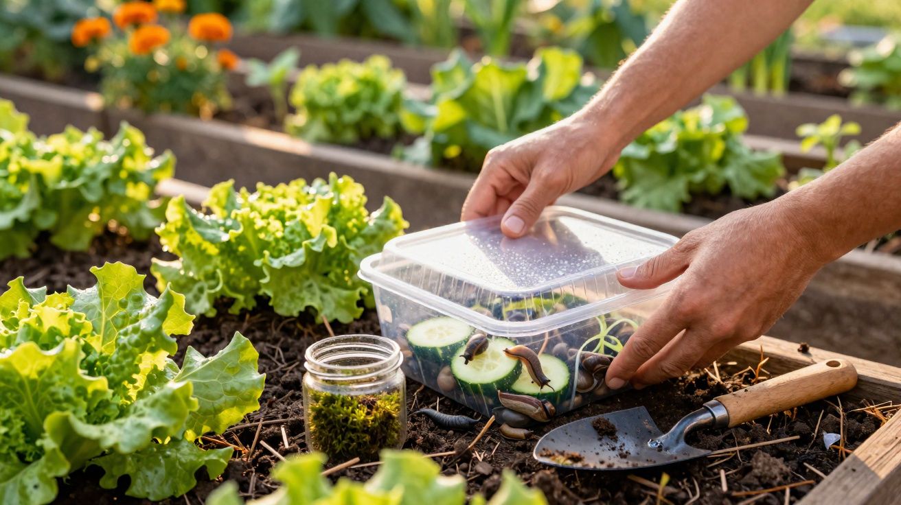 Mãos a colocar tampa numa caixa transparente com minhocas, pepino e planta, ao lado de alfaces em horta elevada.
