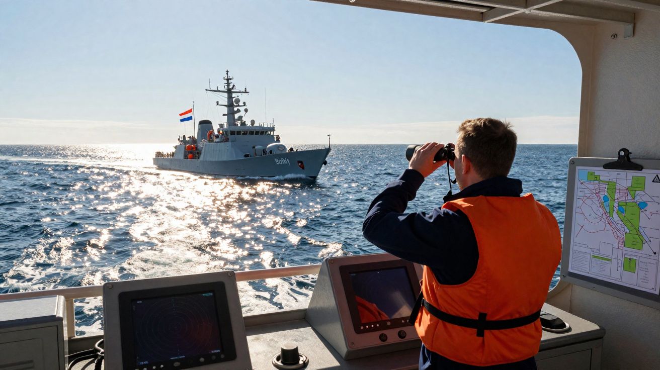Homem com colete salva-vidas observa navio militar no mar durante o dia a partir de ponte de comando.