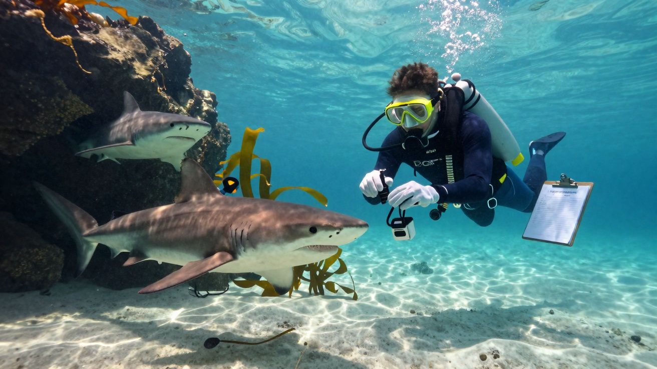 Mergulhador subaquático a fotografar tubarões perto de rochas e algas no fundo do mar.